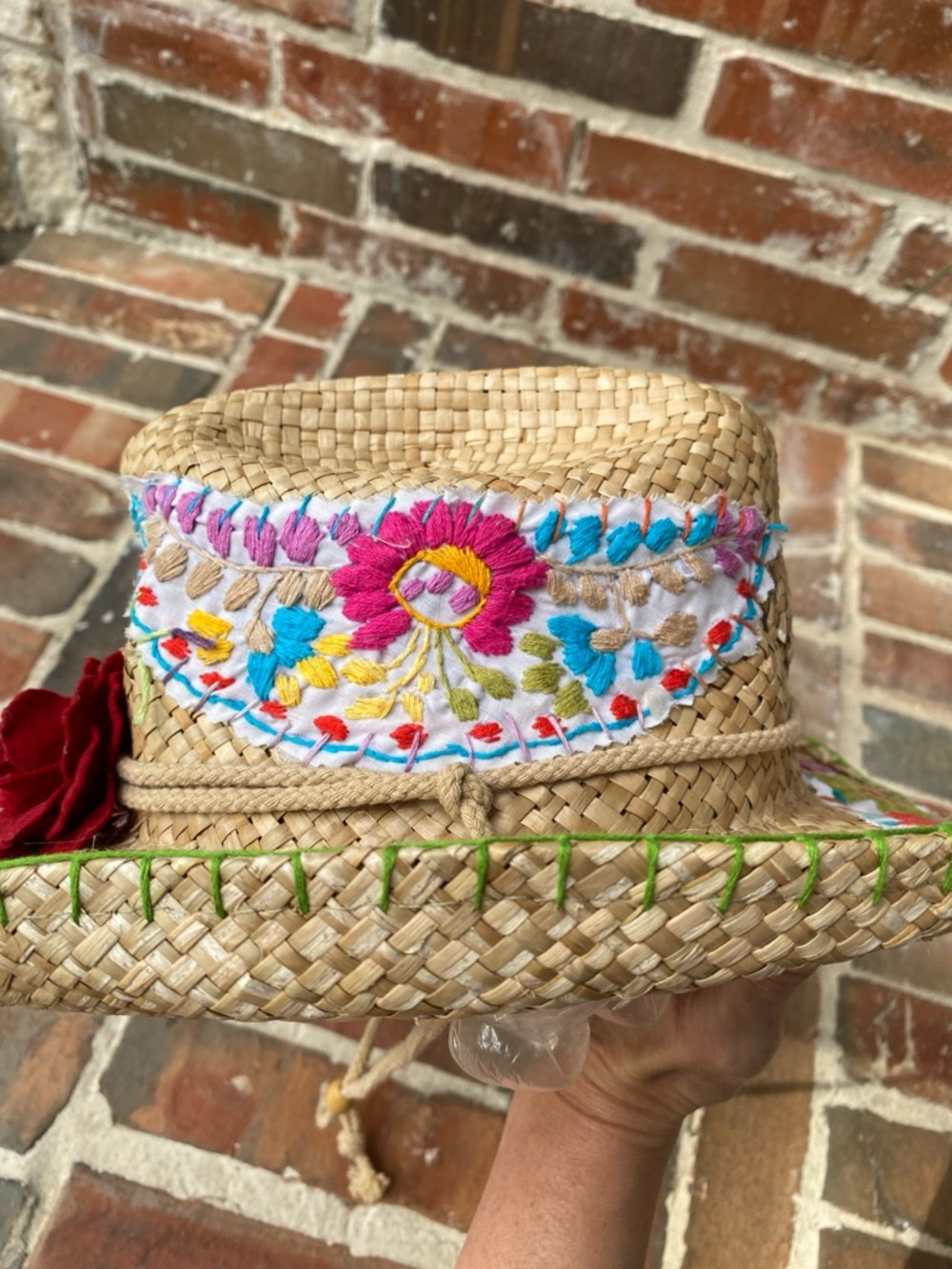 Gaudy Chic Straw Cowboy Hat embellished with Mexican dress Embroidery - Picture 2 of 15
